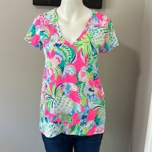 Lilly Pulitzer Etta V neck Multi Raise the Bar Tshirt Top Slub Jersey Sz XS NEW